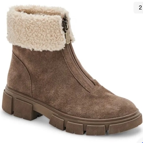 $160 NEW BLONDO x Zappos Plaza Taupe Suede Faux Fur heel ankle bootie women’s 7 - Picture 1 of 8